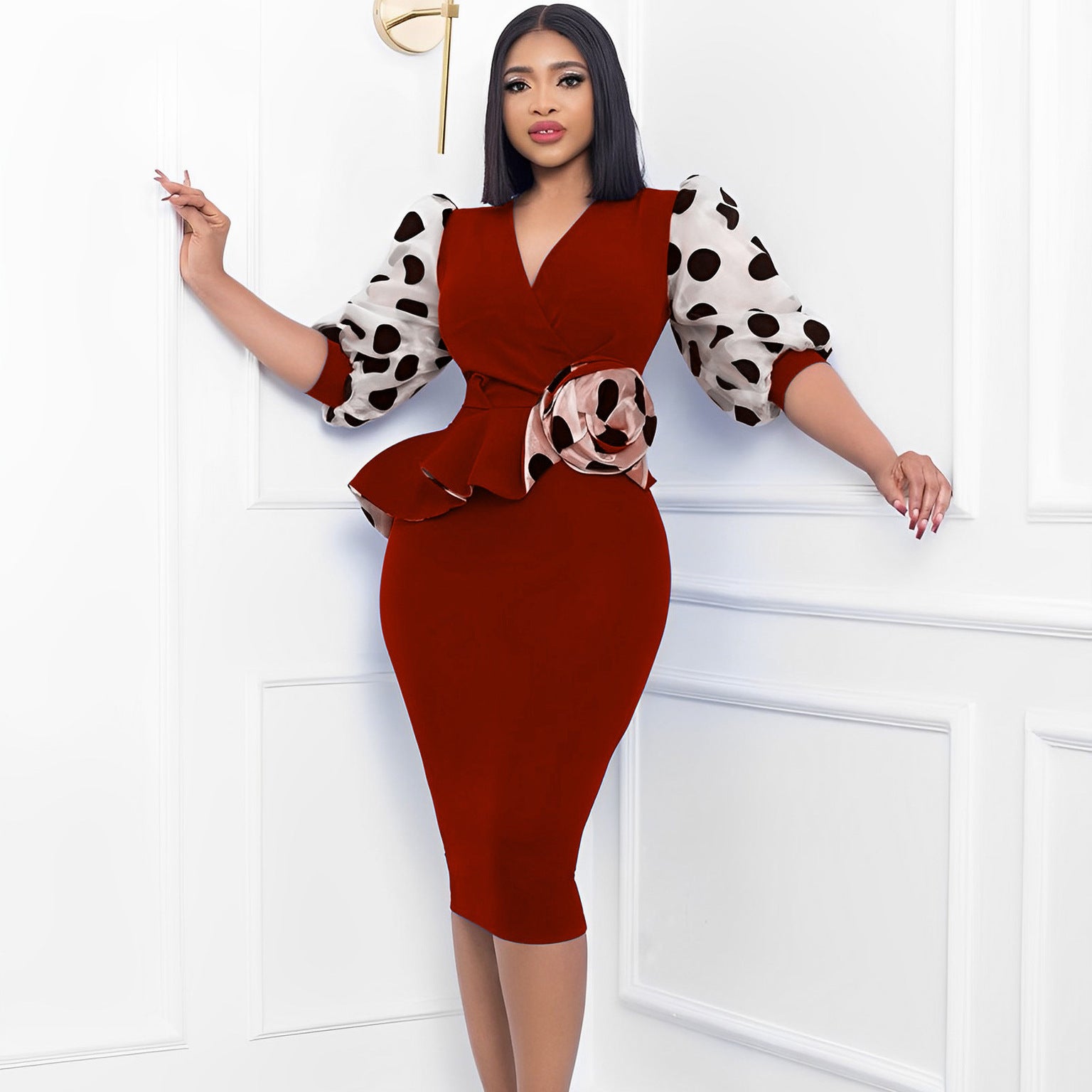 Elegant Mesh Stitching V-Neck Hip Dress