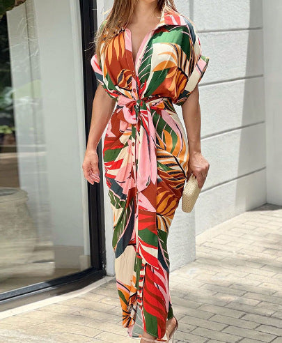 Women's print lapel, short sleeve, long waist dress