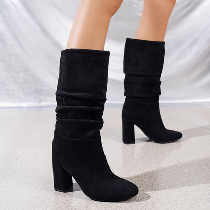 Pleated high-heeled block boots