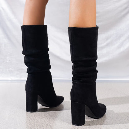 Pleated high-heeled block boots