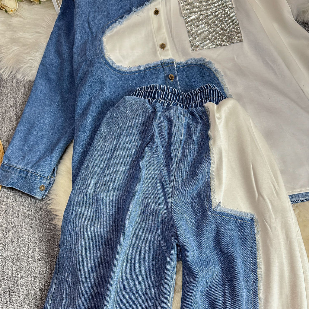 Retro Contrast-Stitch Denim Set