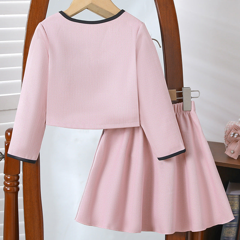 Girls' Bow Two-Piece Set  Round Neck Coat + Short Skirt