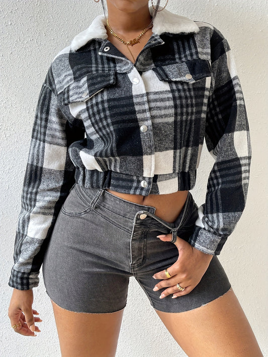 Plaid long sleeve cropped top