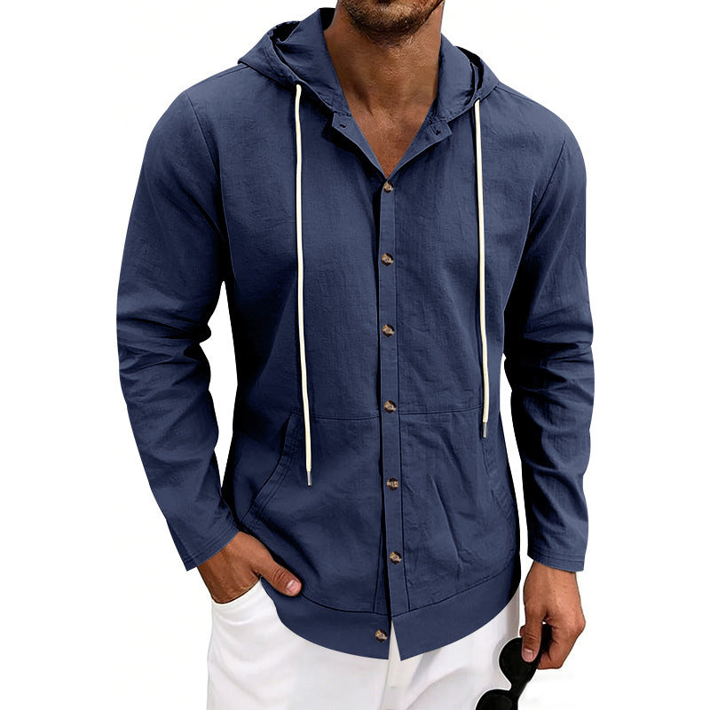 Mens Linen Hooded Beach Shirt  Casual Loose Fit Cardigan for Spring & Fall