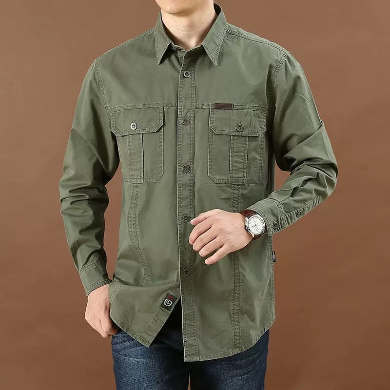 Men's Loose Long Sleeve Cargo Pocket Shirt - Plus Size Solid Color Casual Autumn Top
