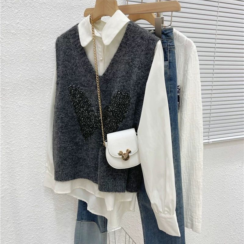 Butterfly Sequin Knitted Vest  Sleeveless Layered Sweater