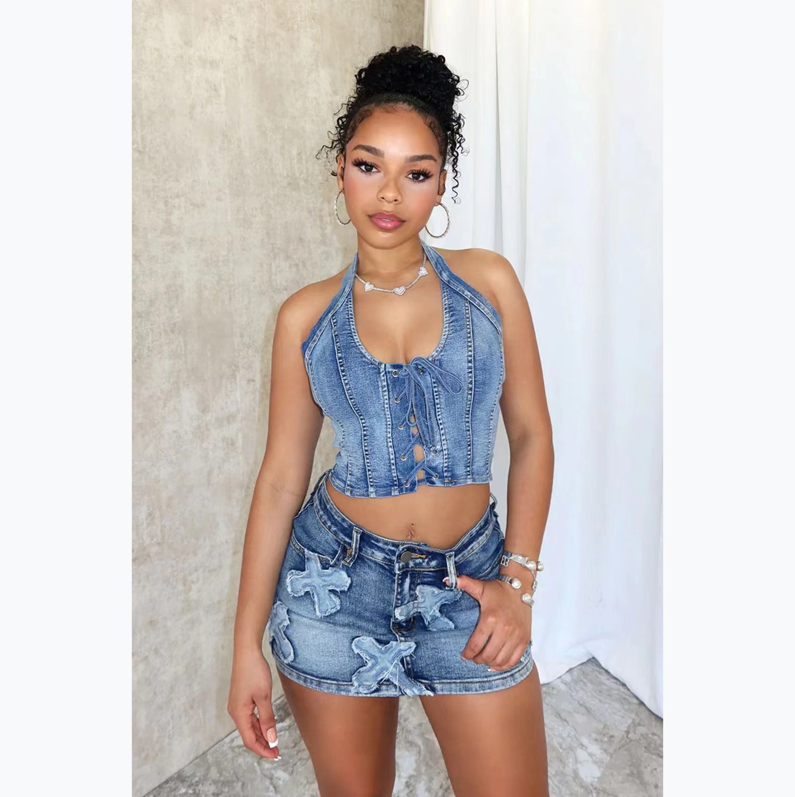 Denim skirt : embroidery casual stretch two-piece set