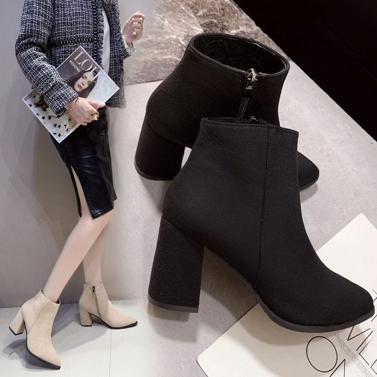 High Heeled Boots Side Zipper - Fashion Block Heel