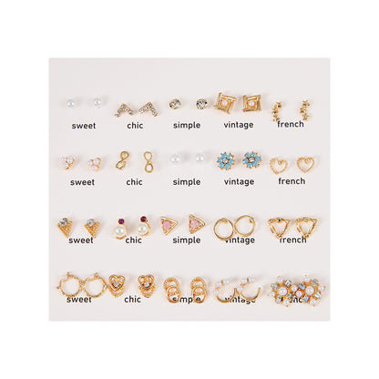 Pearl and Diamond Stud Earrings Set - 20 Pairs