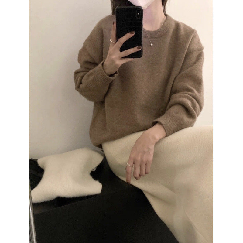 Solid Color Crew Neck Loose Knit Sweater  Casual Autumn Winter Pullover