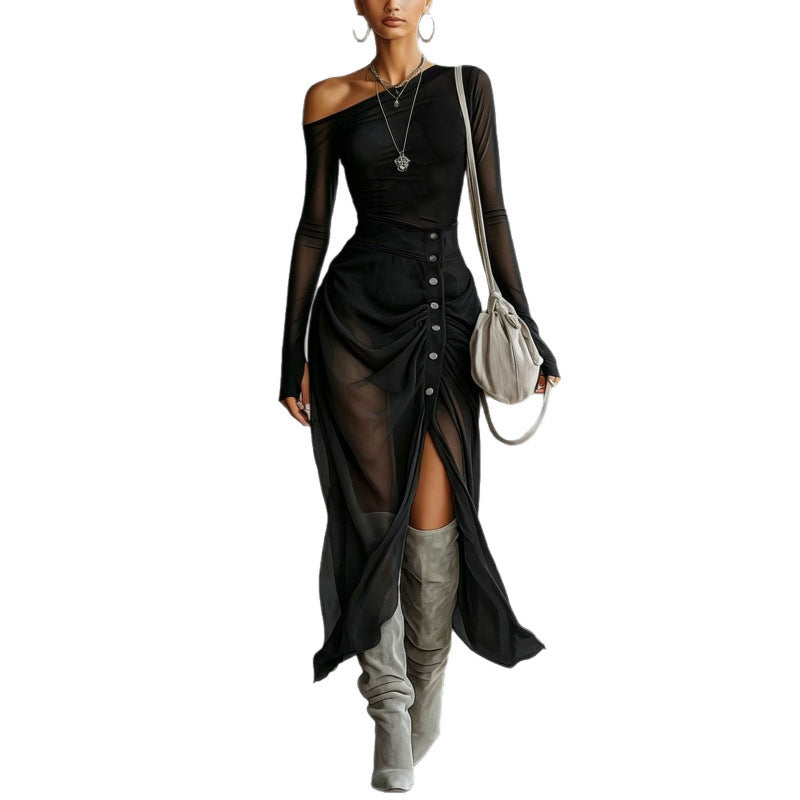 Asymmetrical Shoulder Top, Slit Pleated Midi Skirt Set, Asymmetrical Shoulder Set
