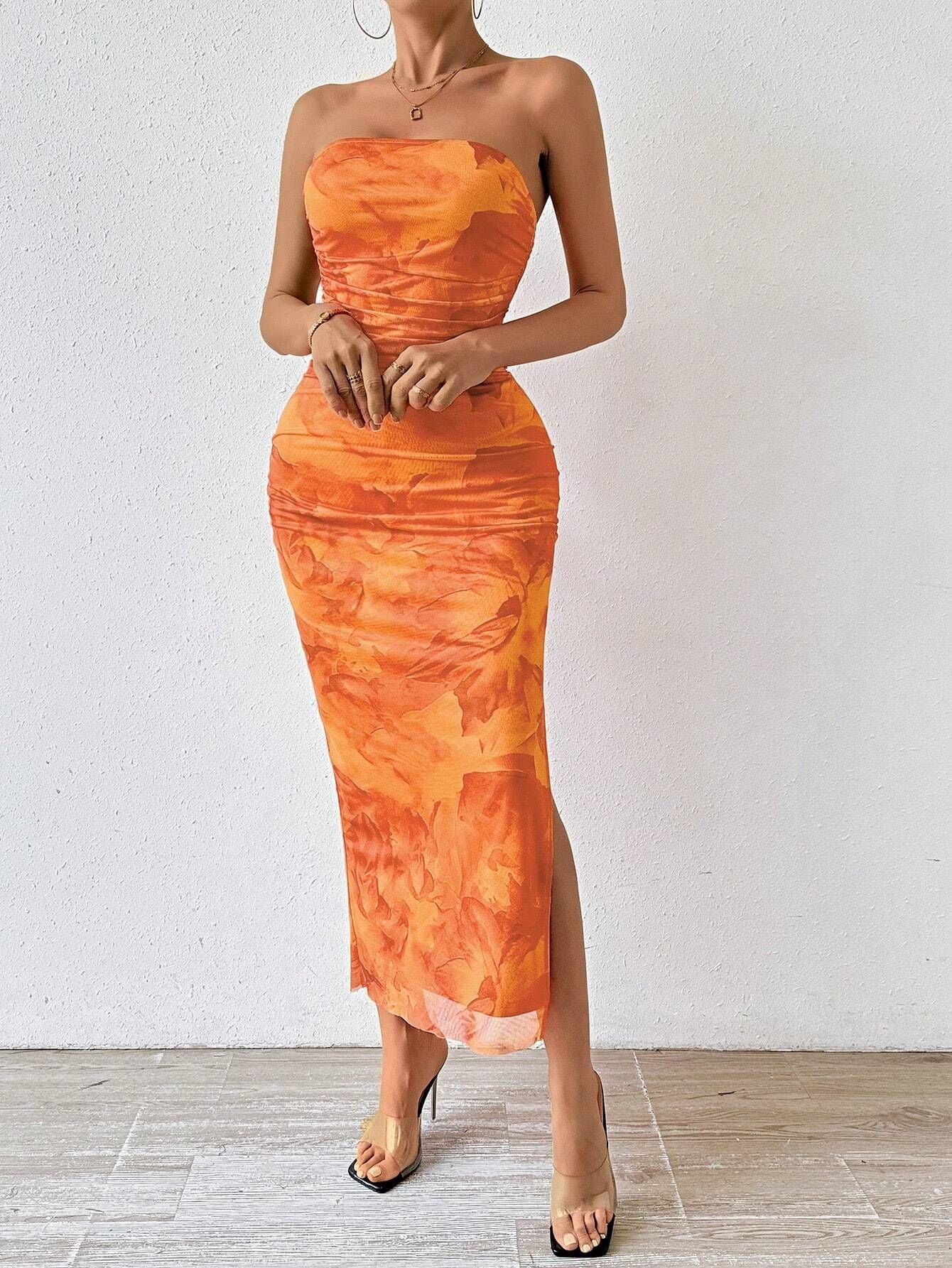 Mesh Floral Ruffle Bandeau Slit Long Skirt