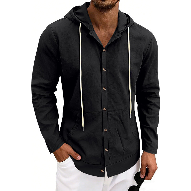 Mens Linen Hooded Beach Shirt  Casual Loose Fit Cardigan for Spring & Fall