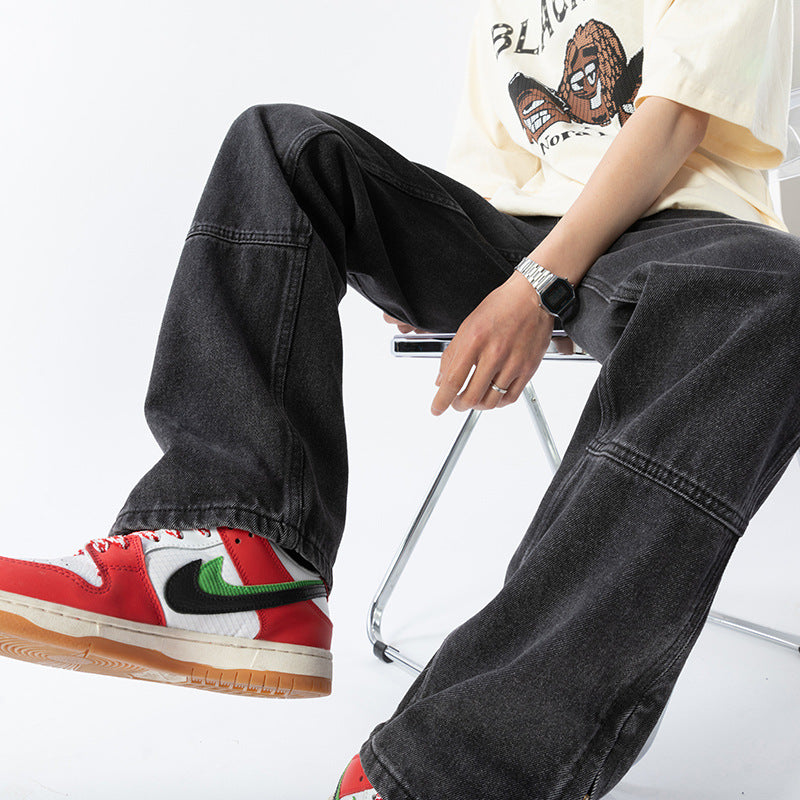 Retro Distressed Zipper-Slit Straight-Leg Jeans for Men