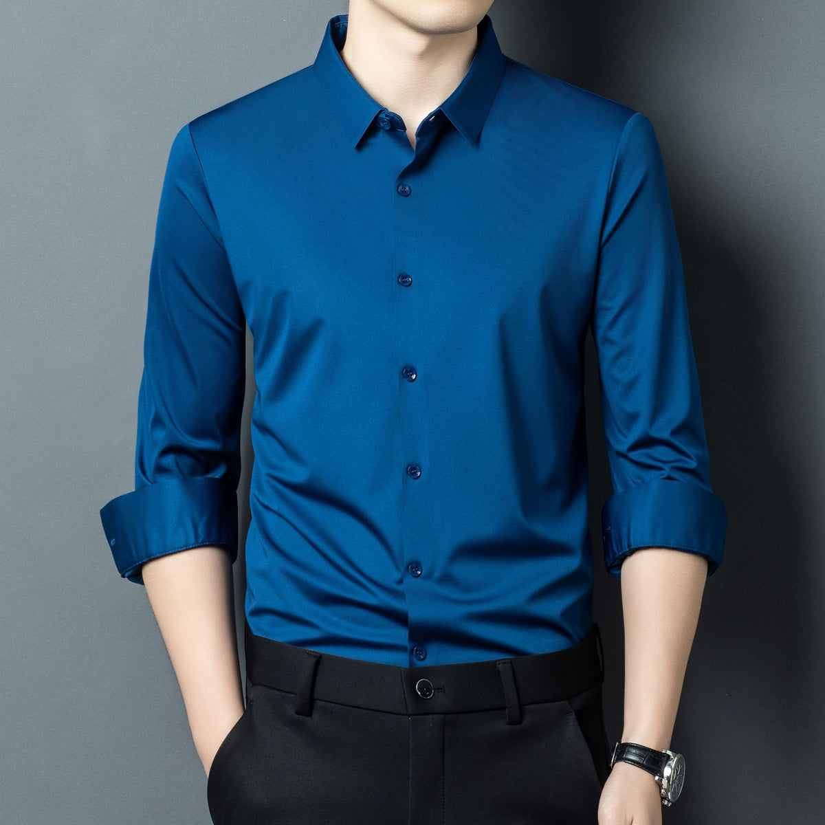 Mens Stretch Ice Silk Long-Sleeve Shirt