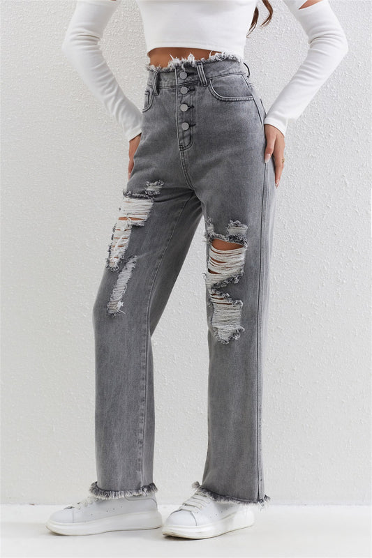 Gray wash ripped straight pants