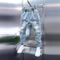 Mens Washed Retro Cargo Jeans  Loose Fit Multi-Pocket Cropped Harem Pants