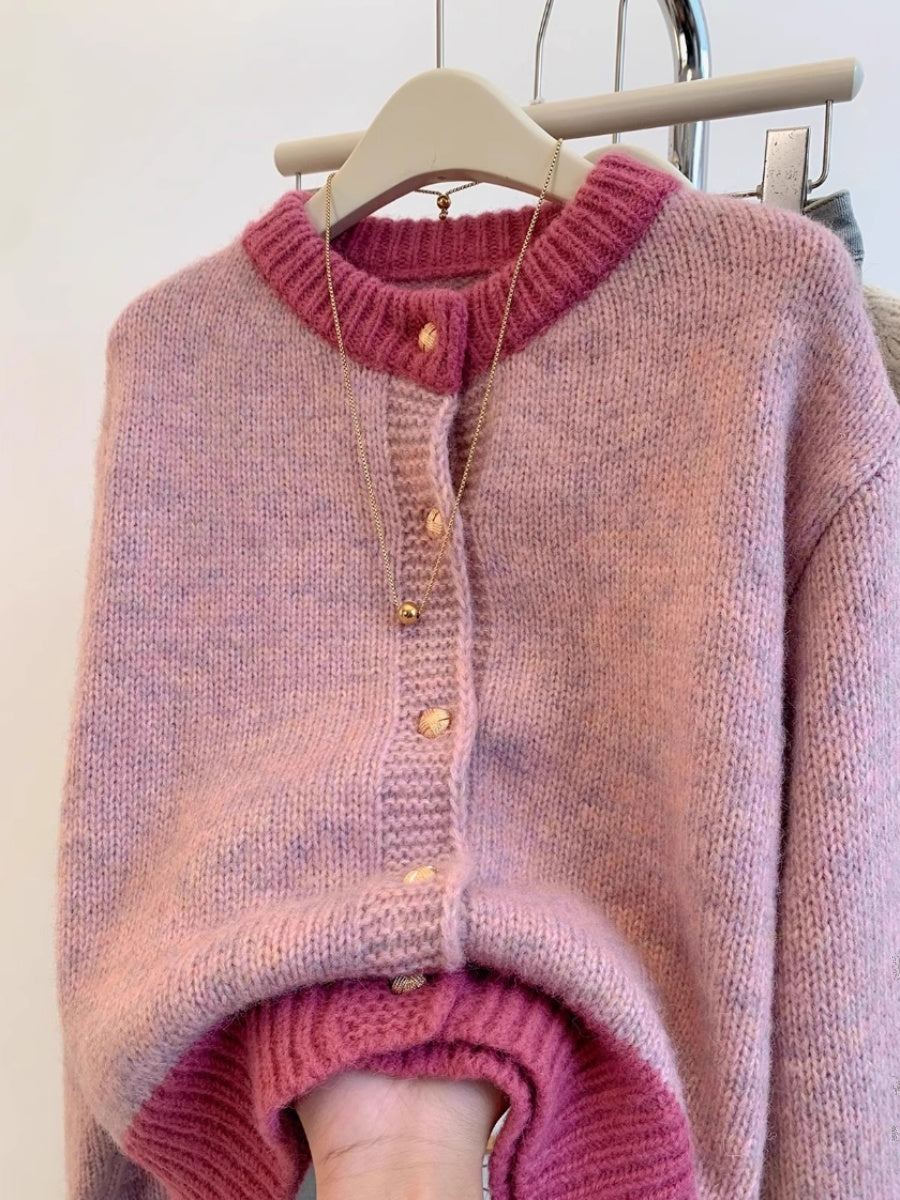 Cozy Pink Knitted Sweater Jacket for Women - Autumn, Winter & Spring