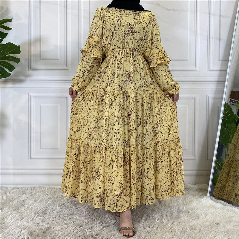 Women's Floral Chiffon Maxi Dress  Long Sleeve Elegant Swing Dress