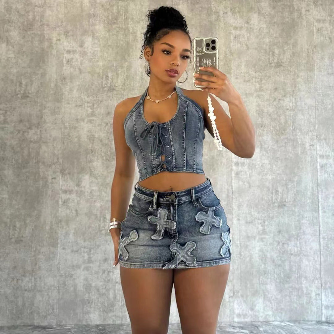 Denim skirt : embroidery casual stretch two-piece set