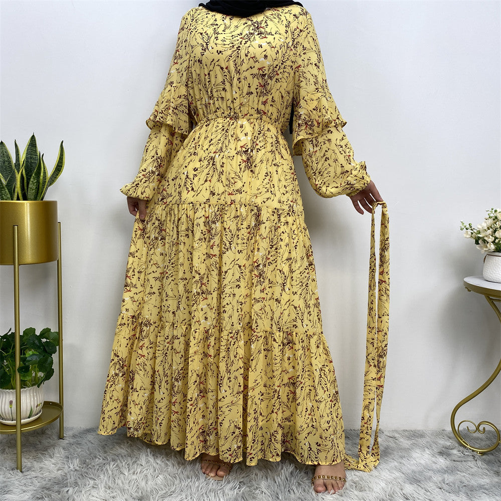 Elegant Chiffon Print Tie-Waist Dress