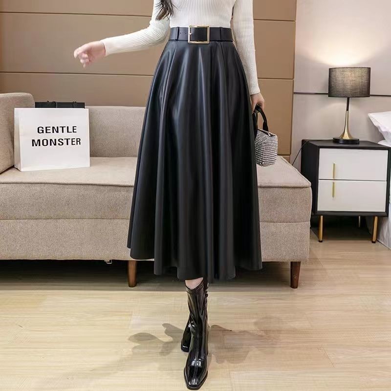 Coffee Leather Pleated Skirt  High-Waisted A-Line Midi for Autumn/Winter