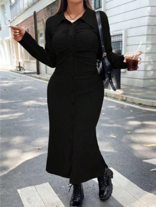 Plus Size Long-Sleeved Cinched Waist Slim Dress