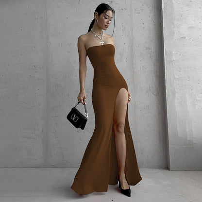 Solid color high-waisted long skirt bandeau slit dress