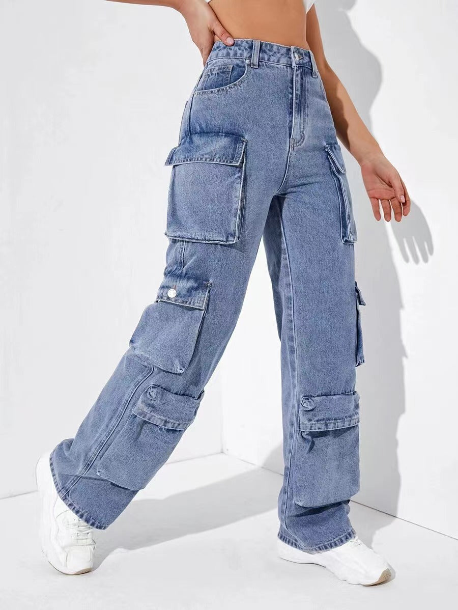 New Zipper Multi-Pocket High Waist Straight Cargo Pants