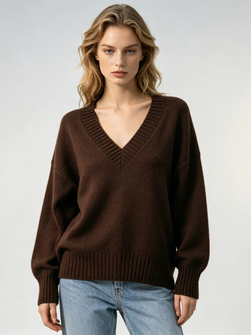 Womens Vintage V-Neck Knit Sweater  Loose Autumn/Winter Pullover