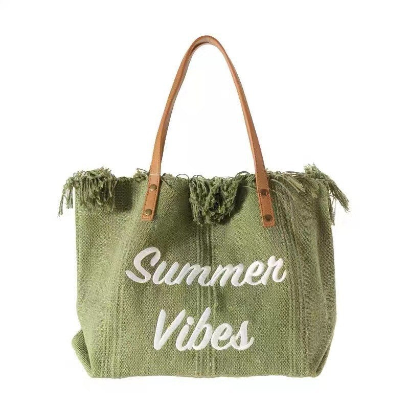 Stylish Large Capacity Shoulder Bag: Canvas Tote with Woven Beach Design