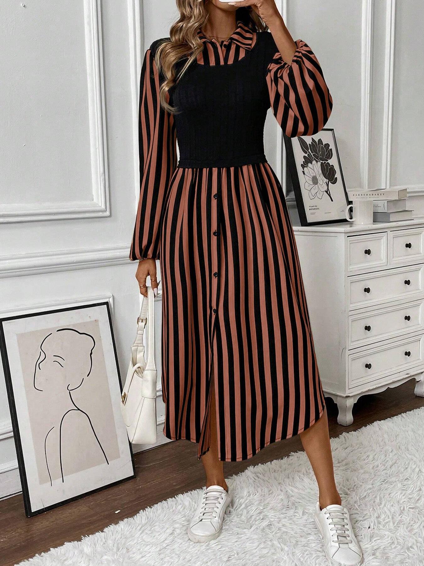 Womens Striped Patchwork Fake Two-Piece Slimming Long Dress