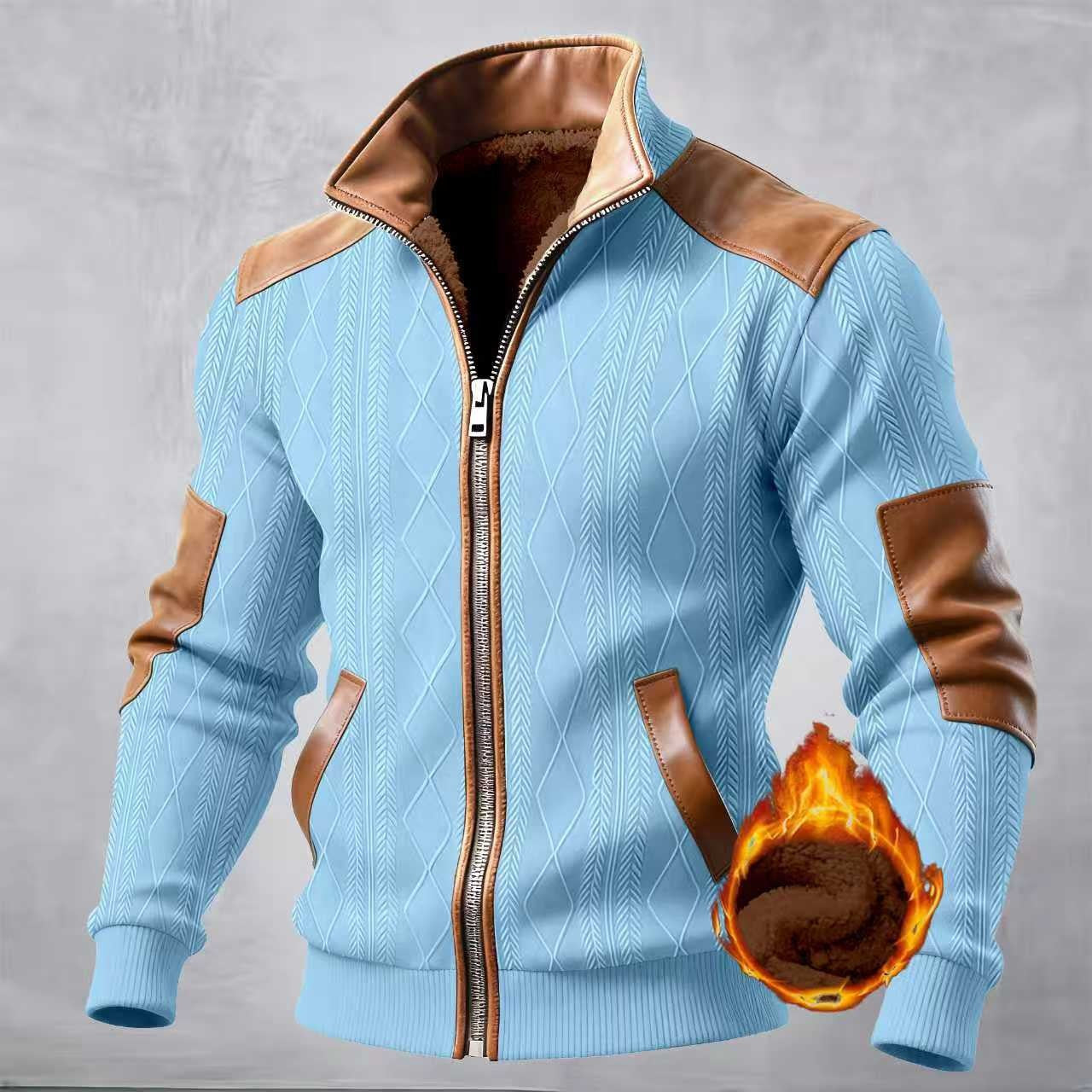 Mens Winter Jacquard Fleece Zip-Up Jacket  Casual Color Block Cardigan Coat