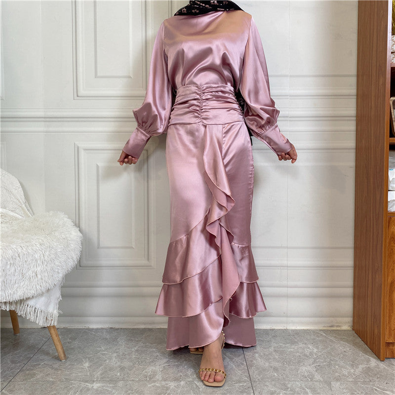 Elegant Satin Button-Down Shirt & Layered Skirt Set