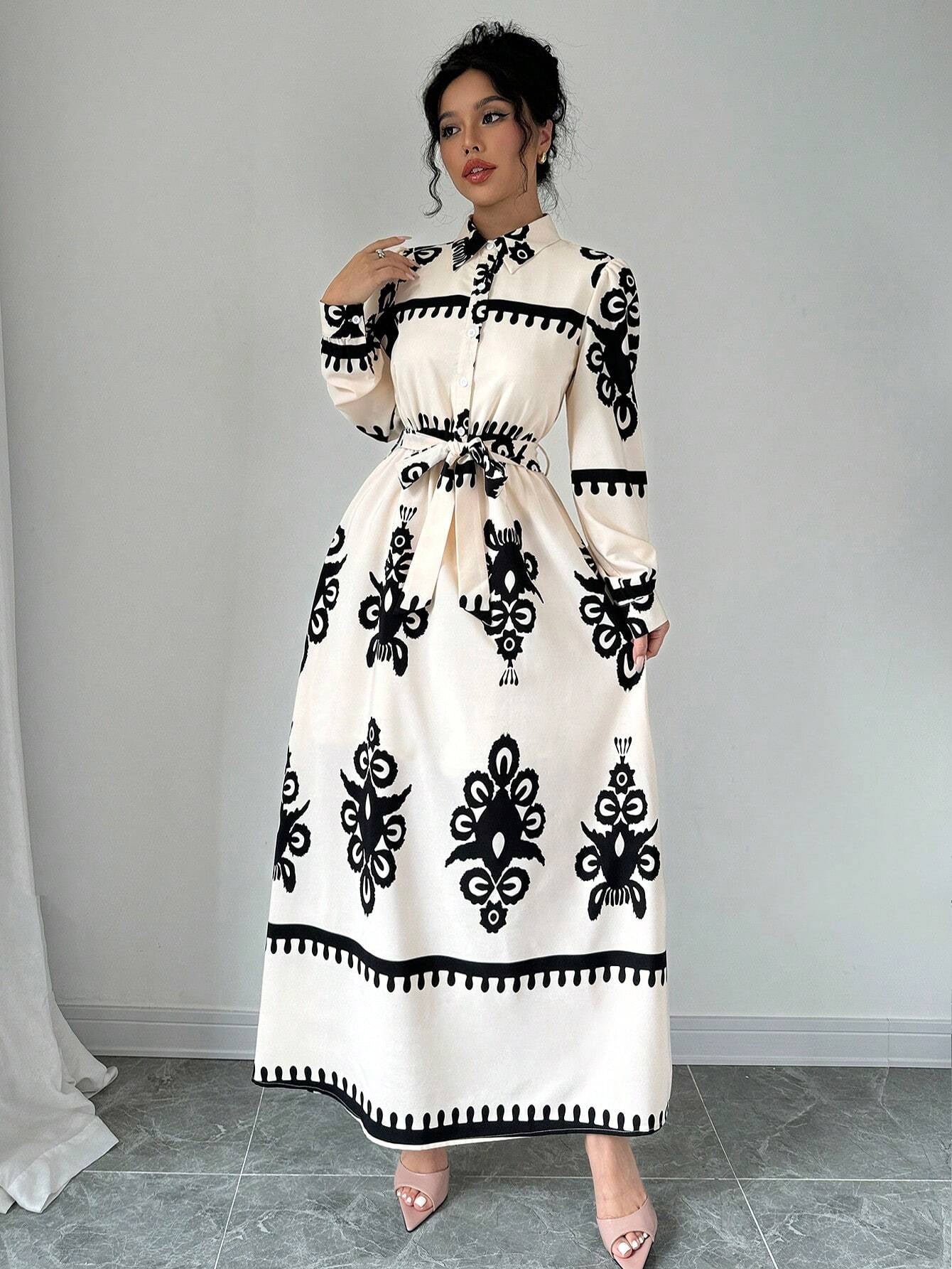 Autumn Ethnic Style Contrast Dress with Lapel Shirt & Tie