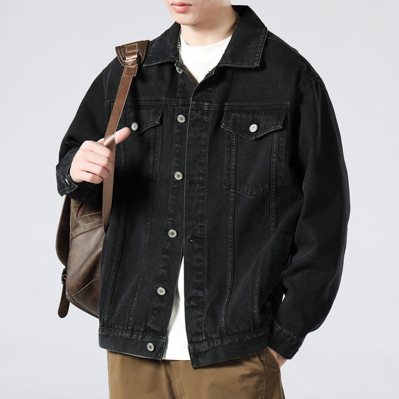 Men's Washed Denim Jacket  Loose Retro Casual Lapel Coat