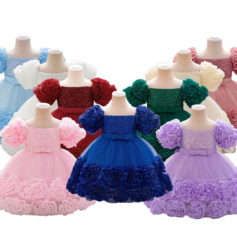 Rosette Ruffle Sequin Princess Dress