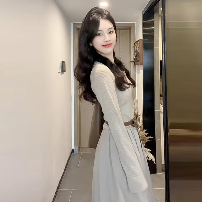 High-End French Style Long-Sleeve Dress  Autumn/Winter Elegant Square Neck Long Skirt