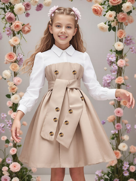 Children’s Long-Sleeve Contrast Lapel Dress