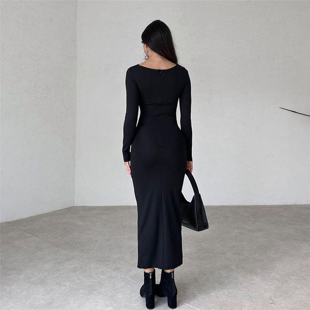 Slim, high-end solid color temperament long hip dress