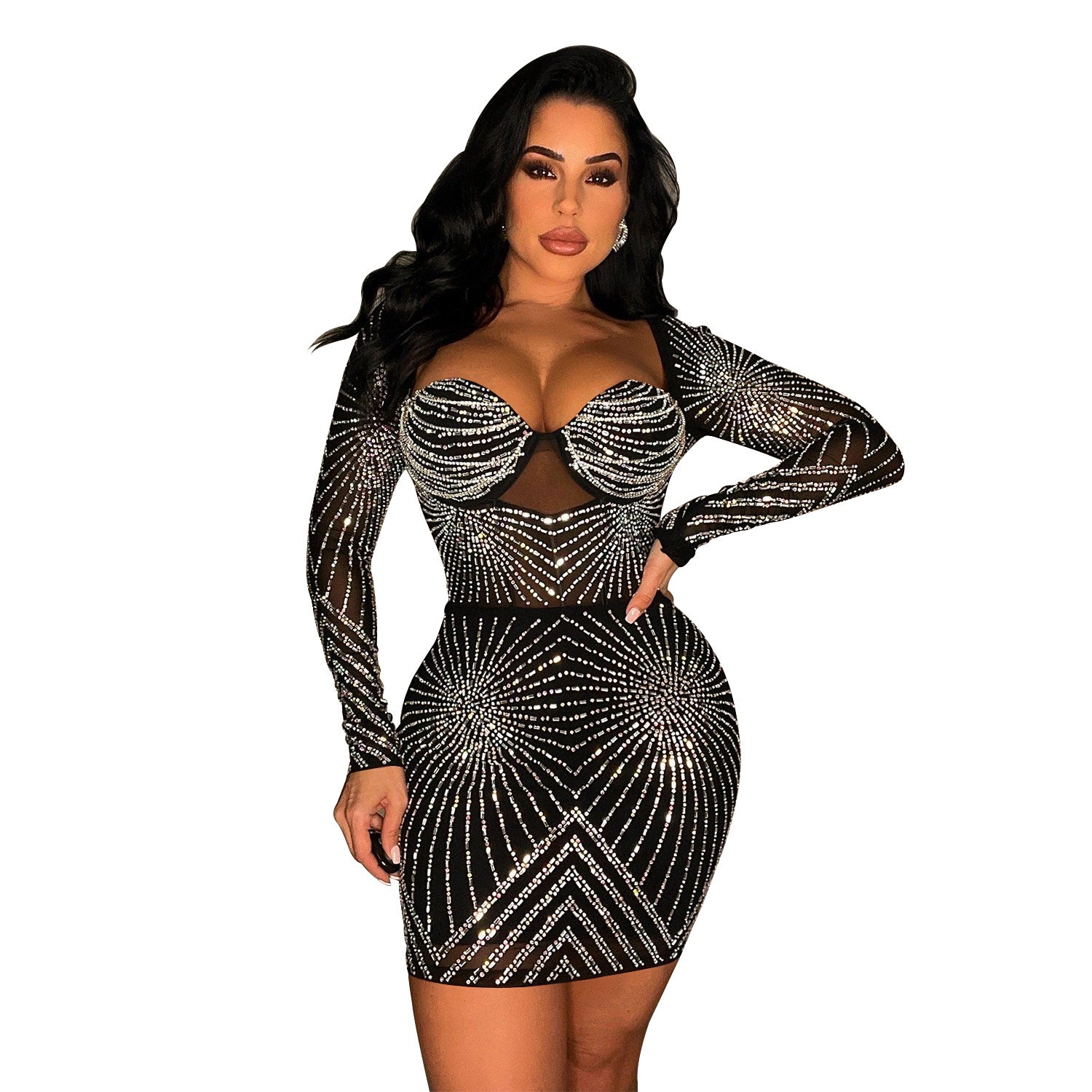 Women's Solid Color Mesh Hot Diamond Long-Sleeve Short Skirt Dress