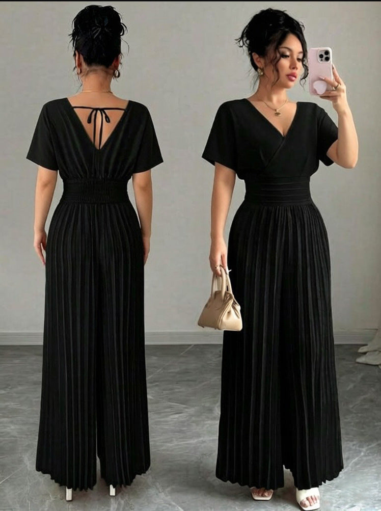 Women’s Elegant V-Neck Pleated Jumpsuit – Solid Color Waist-Cinching Short Sleeve Romper