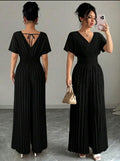 Women’s Elegant V-Neck Pleated Jumpsuit – Solid Color Waist-Cinching Short Sleeve Romper