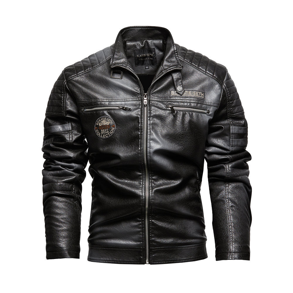 Mens Cross-Border PU Leather Jacket e Motorcycle Coat with Velvet Lining