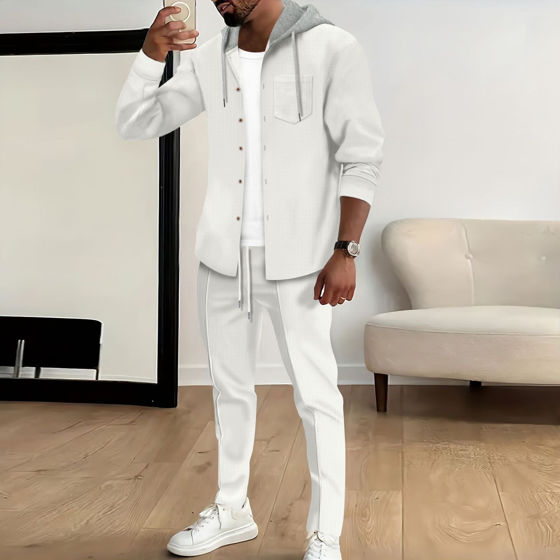Men's Waffle Knit Hooded Cardigan Set