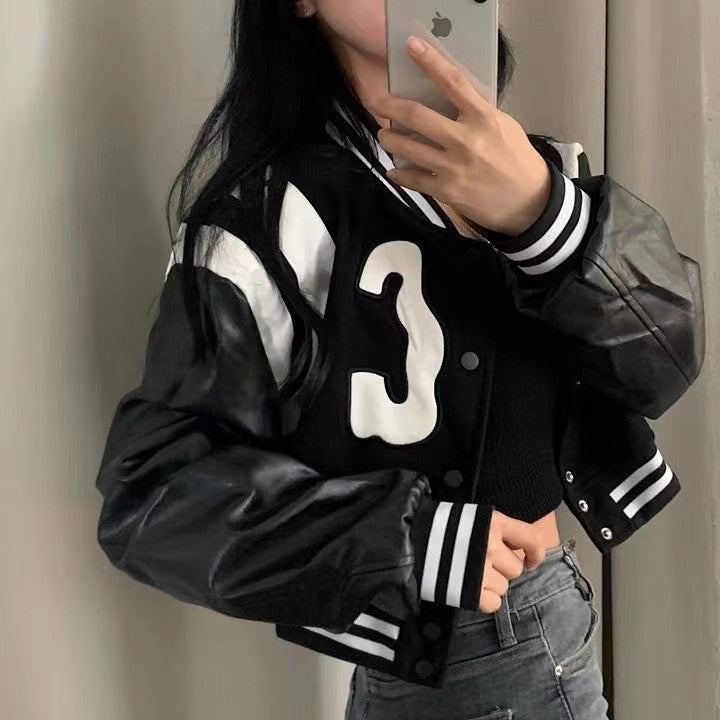 Autumn Biker-Style Baseball Jacket with Leather Sleeves