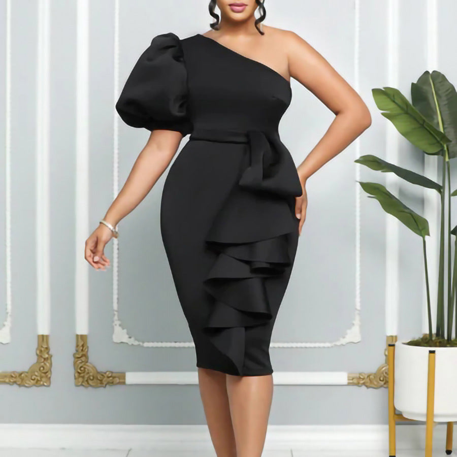 New Oblique Shoulder Puff Sleeve Wrap Hip Sexy Dress Plus Size