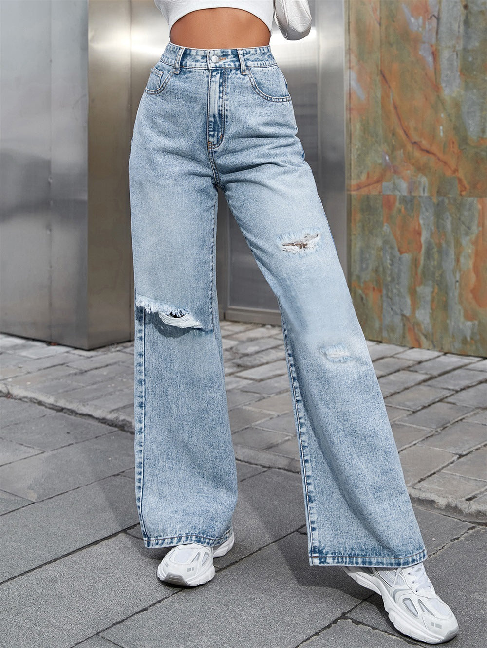 Ripped wash loose, straight denim pants