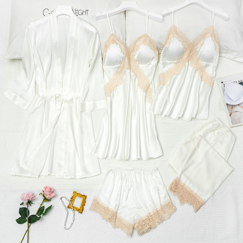 Women's Ice Silk 5-Piece Pajama Set – Sexy Cami Nightdress & Loungewear