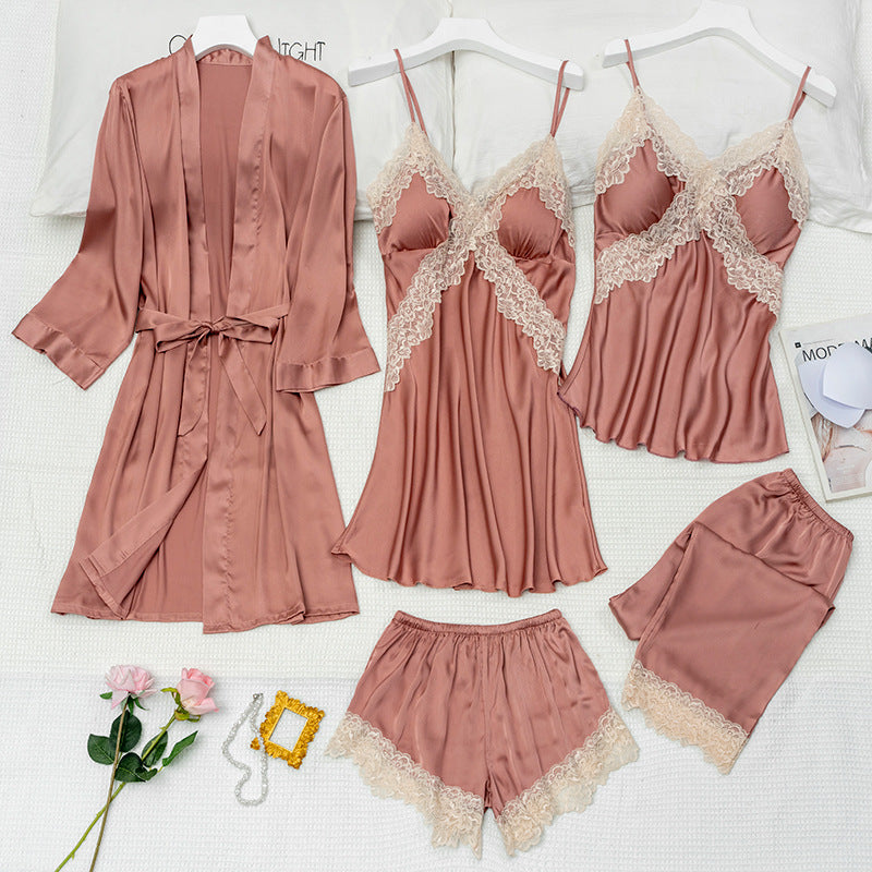 Women's Ice Silk 5-Piece Pajama Set – Sexy Cami Nightdress & Loungewear
